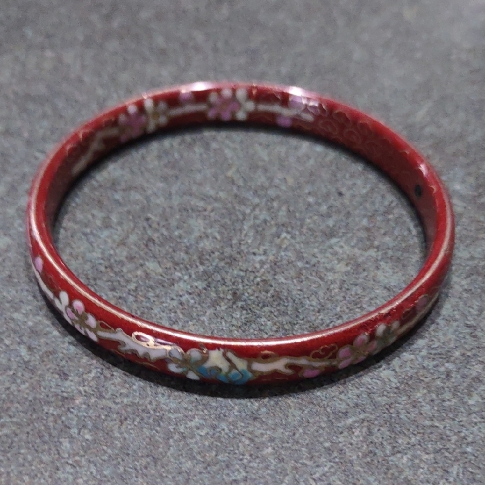 Vintage Cloisonne Maroon Flower Bangle Bracelet